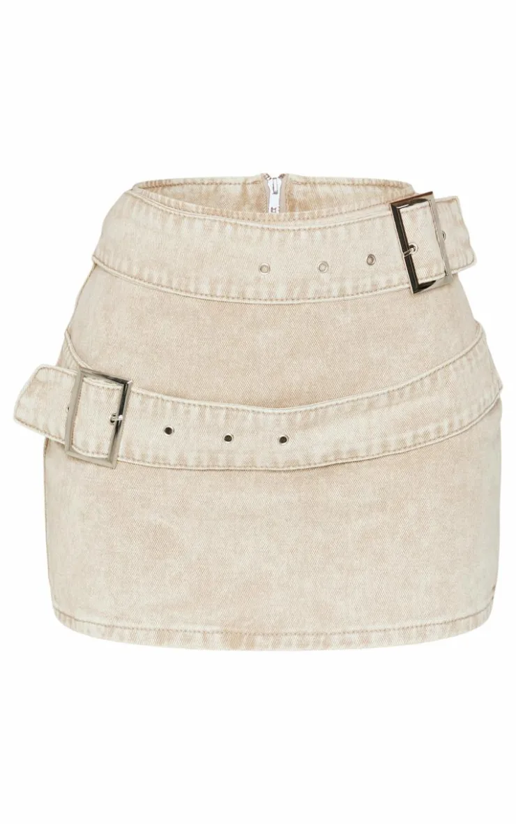 Discount PrettyLittleThing Petite Buckle Detail Denim Mini Skirt Washed Stone