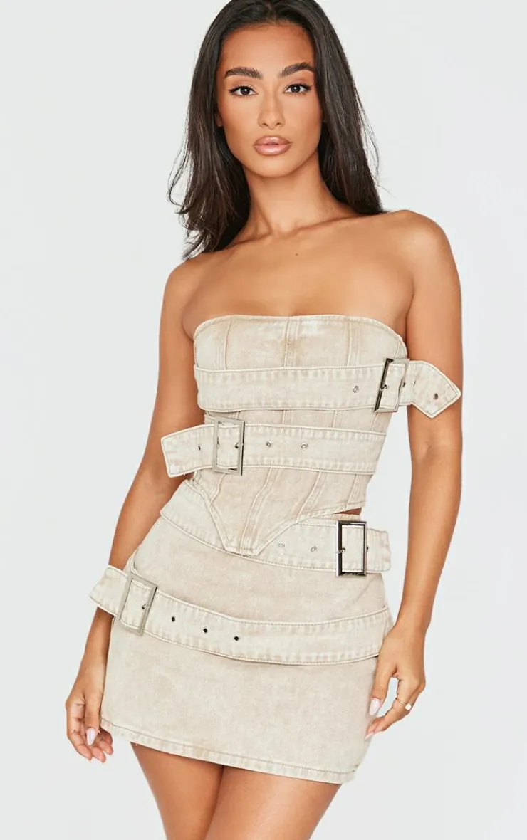 Clearance PrettyLittleThing Petite Buckle Detail Denim Corset Top Washed Stone