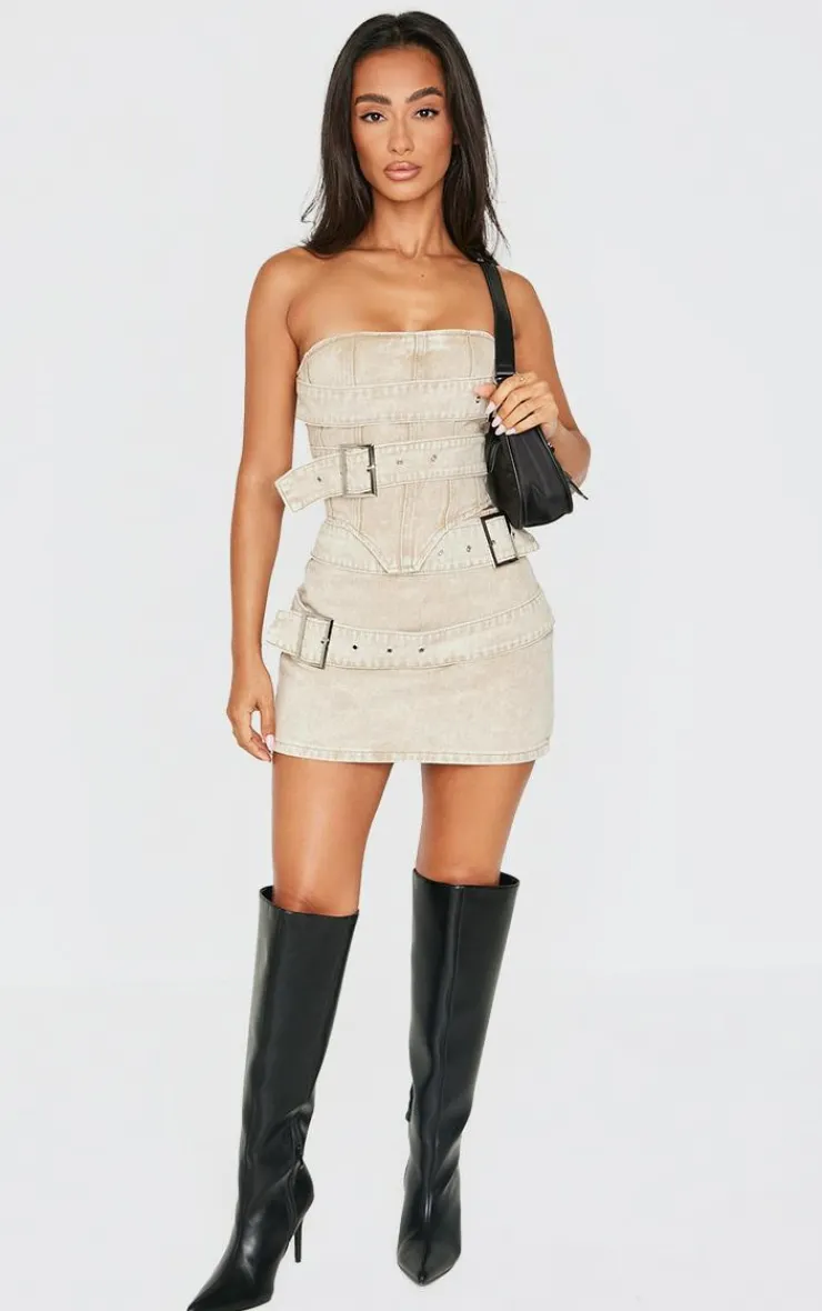 Clearance PrettyLittleThing Petite Buckle Detail Denim Corset Top Washed Stone