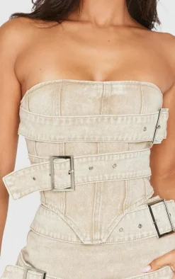 Clearance PrettyLittleThing Petite Buckle Detail Denim Corset Top Washed Stone