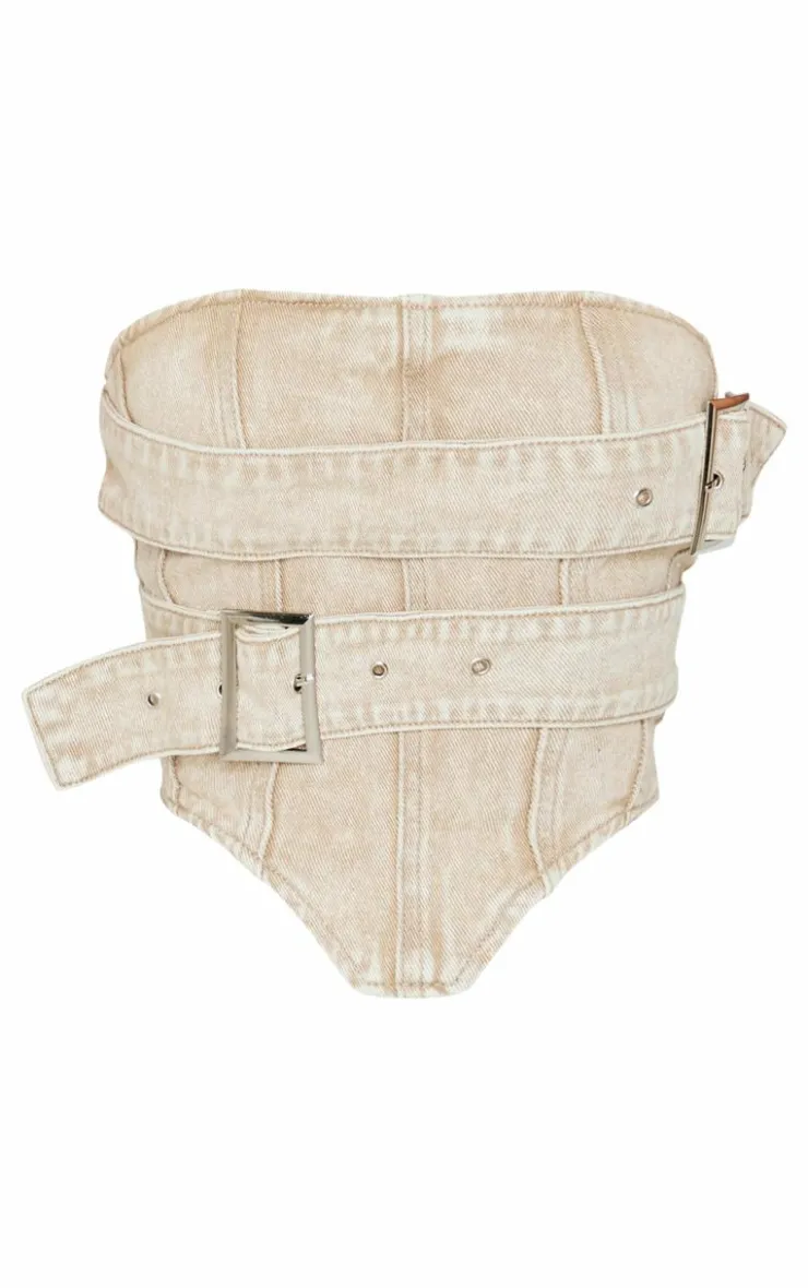 Clearance PrettyLittleThing Petite Buckle Detail Denim Corset Top Washed Stone