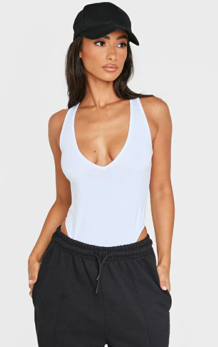 PrettyLittleThing Sleeveless Tops*Petite Basic Cotton Blend Plunge Sleeveless Bodysuit