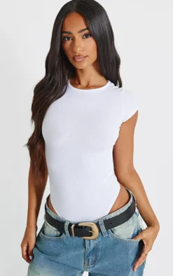 PrettyLittleThing Basic Tops*Petite Basic Cotton Blend Fitted Short Sleeve Bodysuit