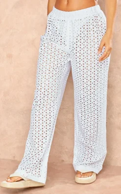 Discount PrettyLittleThing Petite Broderie Low Waist Straight Leg Pants White