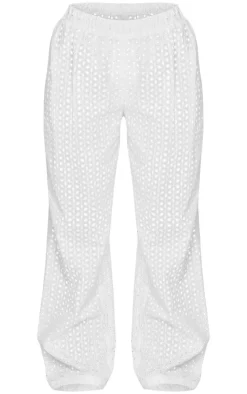 Discount PrettyLittleThing Petite Broderie Low Waist Straight Leg Pants White