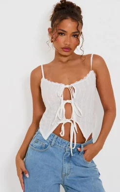 PrettyLittleThing Sleeveless Tops*Petite Broderie Tie Detail Top