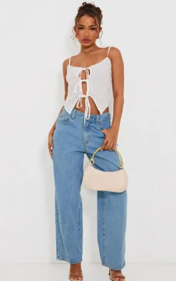 PrettyLittleThing Sleeveless Tops*Petite Broderie Tie Detail Top