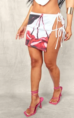 Discount PrettyLittleThing Petite Print Tie Detail Mini Skirt White Cherry