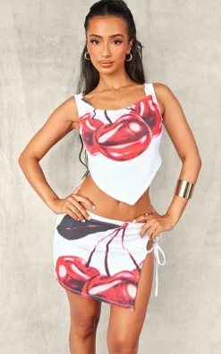 Discount PrettyLittleThing Petite Print Tie Detail Mini Skirt White Cherry