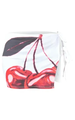 Discount PrettyLittleThing Petite Print Tie Detail Mini Skirt White Cherry