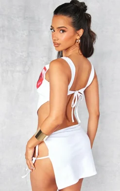Clearance PrettyLittleThing Petite Print Open Back Top White Cherry