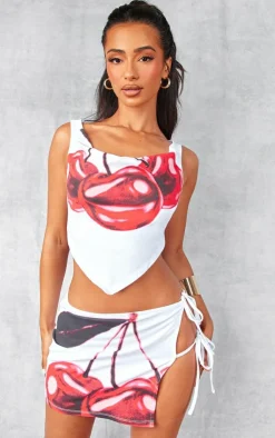 Clearance PrettyLittleThing Petite Print Open Back Top White Cherry