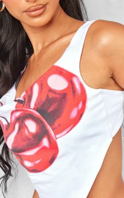 Clearance PrettyLittleThing Petite Print Open Back Top White Cherry