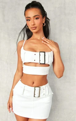 Online PrettyLittleThing Petite White Denim Belted Mini Skirt Black