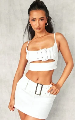 Clearance PrettyLittleThing Petite White Denim Belted Crop Top Black