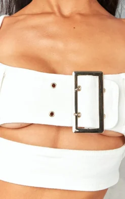 Clearance PrettyLittleThing Petite White Denim Belted Crop Top Black