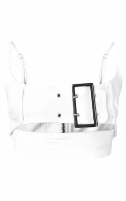 Clearance PrettyLittleThing Petite White Denim Belted Crop Top Black