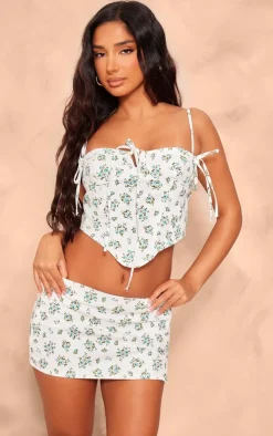 PrettyLittleThing Petite Denim Floral Print Corset Top White