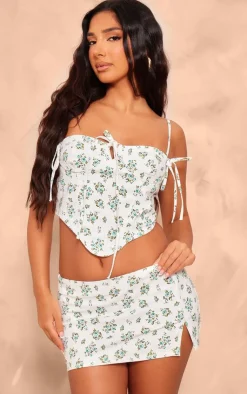 PrettyLittleThing Petite Denim Floral Print Corset Top White