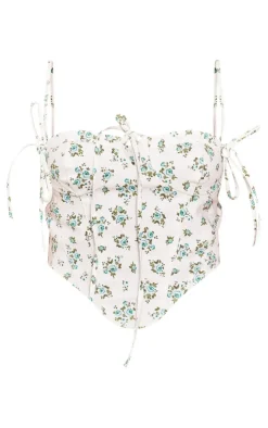 PrettyLittleThing Petite Denim Floral Print Corset Top White