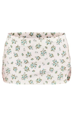 New PrettyLittleThing Petite Denim Floral Print Low Rise Mini Skirt White