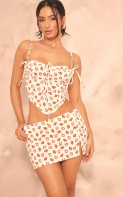 Hot PrettyLittleThing Petite Denim Strawberry Printed Corset Top White