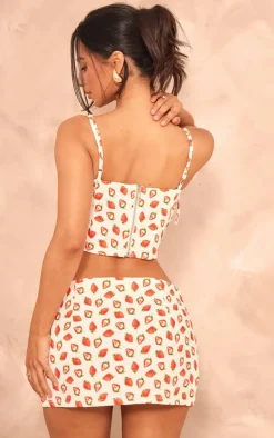 Hot PrettyLittleThing Petite Denim Strawberry Printed Corset Top White