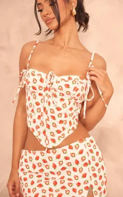 Hot PrettyLittleThing Petite Denim Strawberry Printed Corset Top White