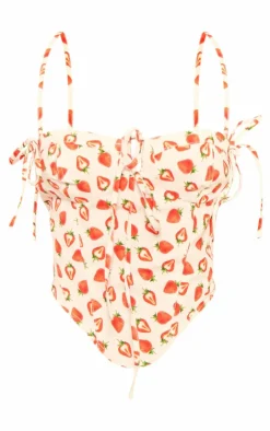 Hot PrettyLittleThing Petite Denim Strawberry Printed Corset Top White