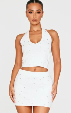 New PrettyLittleThing Petite Diamante Knit Mini Skirt White