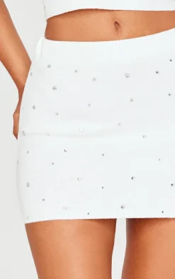 New PrettyLittleThing Petite Diamante Knit Mini Skirt White