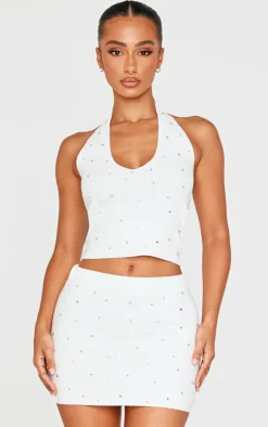 Online PrettyLittleThing Petite Diamante Knit Halterneck Top White