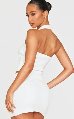 Online PrettyLittleThing Petite Diamante Knit Halterneck Top White
