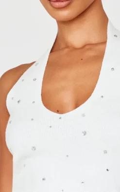 Online PrettyLittleThing Petite Diamante Knit Halterneck Top White