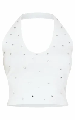 Online PrettyLittleThing Petite Diamante Knit Halterneck Top White