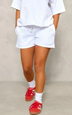 Best PrettyLittleThing Petite Embossed Bow Detail Shorts White