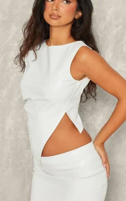 Best PrettyLittleThing Petite Faux Leather Open Back Asymmetric Top White