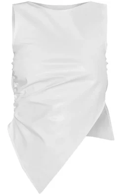 Best PrettyLittleThing Petite Faux Leather Open Back Asymmetric Top White