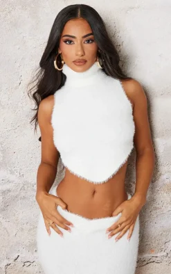 Online PrettyLittleThing Petite Fluffy Knit High Neck Curved Hem Crop Top White