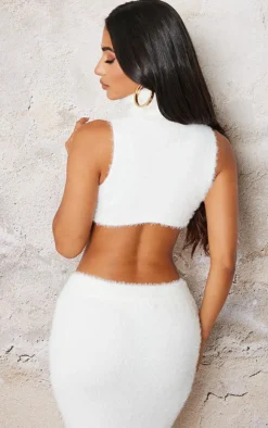 Online PrettyLittleThing Petite Fluffy Knit High Neck Curved Hem Crop Top White