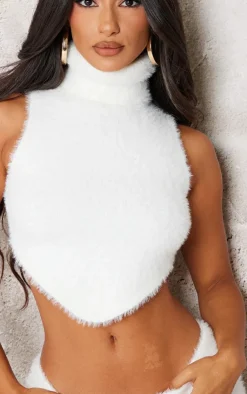 Online PrettyLittleThing Petite Fluffy Knit High Neck Curved Hem Crop Top White
