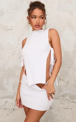 New PrettyLittleThing Petite Knitted Cut Out Side Long Top White
