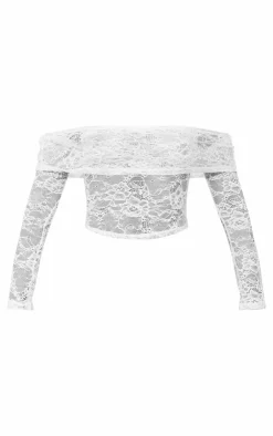 Best PrettyLittleThing Petite Lace Bardot Long Sleeve Top White