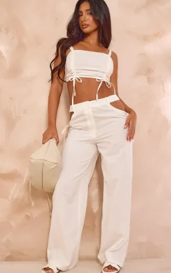 Sale PrettyLittleThing Petite Linen Look Cut Out Side Wide Leg Pants White