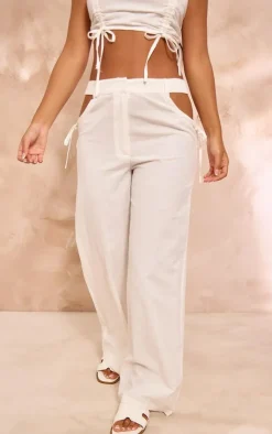 Sale PrettyLittleThing Petite Linen Look Cut Out Side Wide Leg Pants White