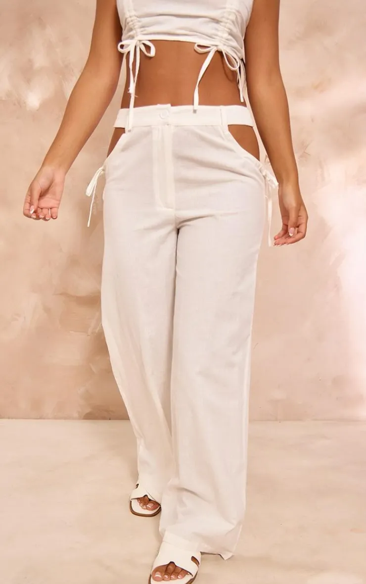 Sale PrettyLittleThing Petite Linen Look Cut Out Side Wide Leg Pants White