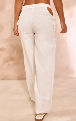 Sale PrettyLittleThing Petite Linen Look Cut Out Side Wide Leg Pants White