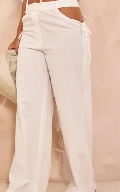 Sale PrettyLittleThing Petite Linen Look Cut Out Side Wide Leg Pants White