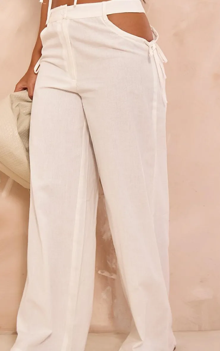 Sale PrettyLittleThing Petite Linen Look Cut Out Side Wide Leg Pants White