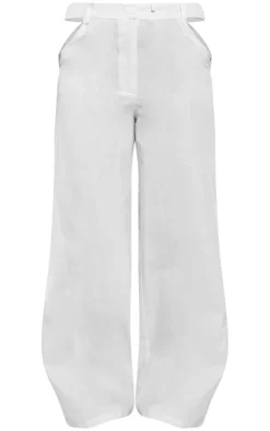 Sale PrettyLittleThing Petite Linen Look Cut Out Side Wide Leg Pants White